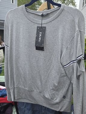 Terez Grey Pullover with Black & White Sleeve Stripes